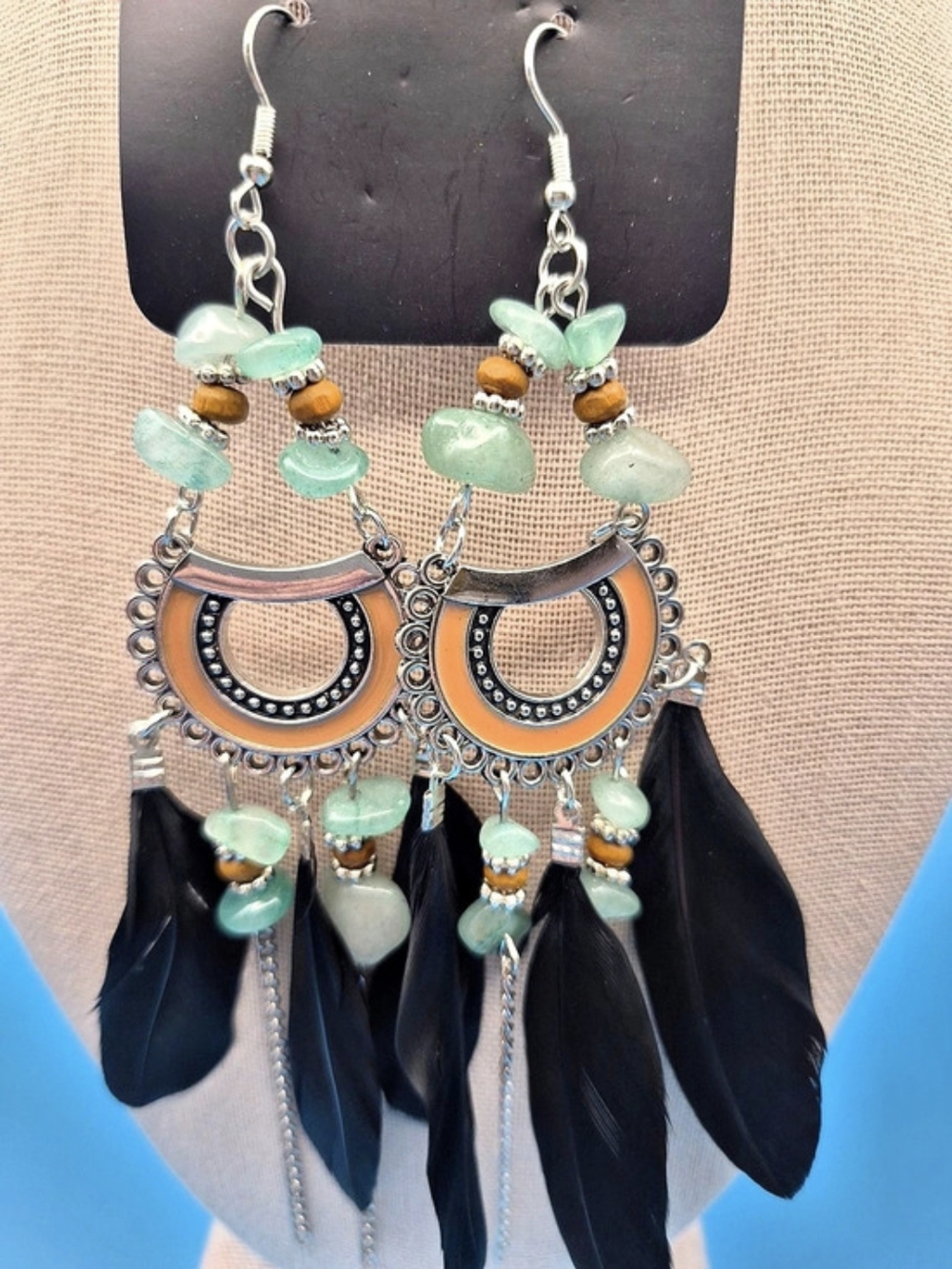 Feather Beaded Dangle Earrings in Black & Green Like New